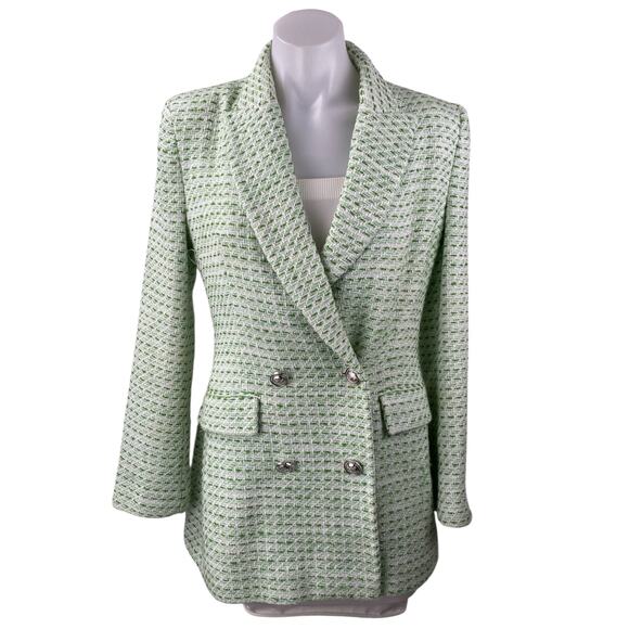 ZARA Light Green Plaid Tweed Long Sleeve Double-Breasted Blazer Coat Jacket Sz S - Picture 1 of 4